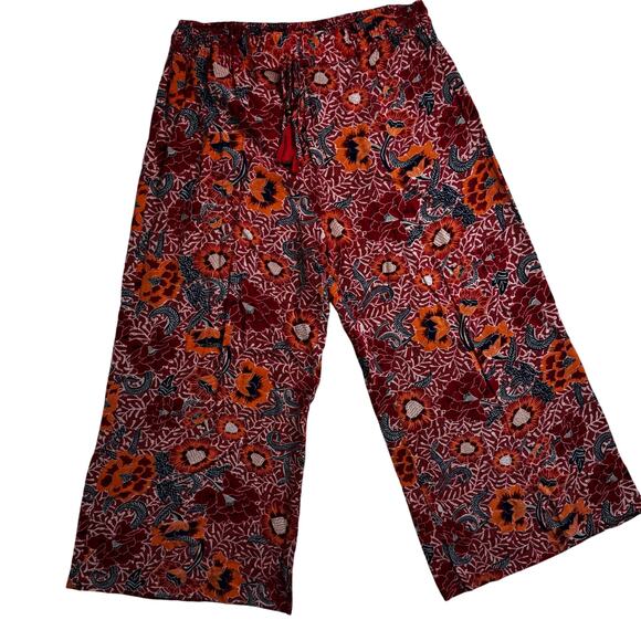 Angie Floral Printed Tie Waisted Cropped Pants Size Large Pink Multicolor Orange - Picture 1 of 6